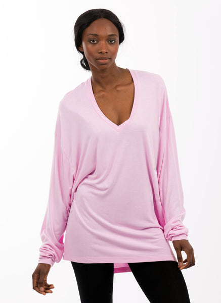 womens oversized bamboo v neck pink