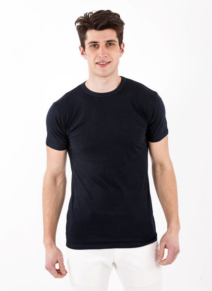 Navy Blue Crew Neck Bamboo shirt mens short sleeve shirtsleeve